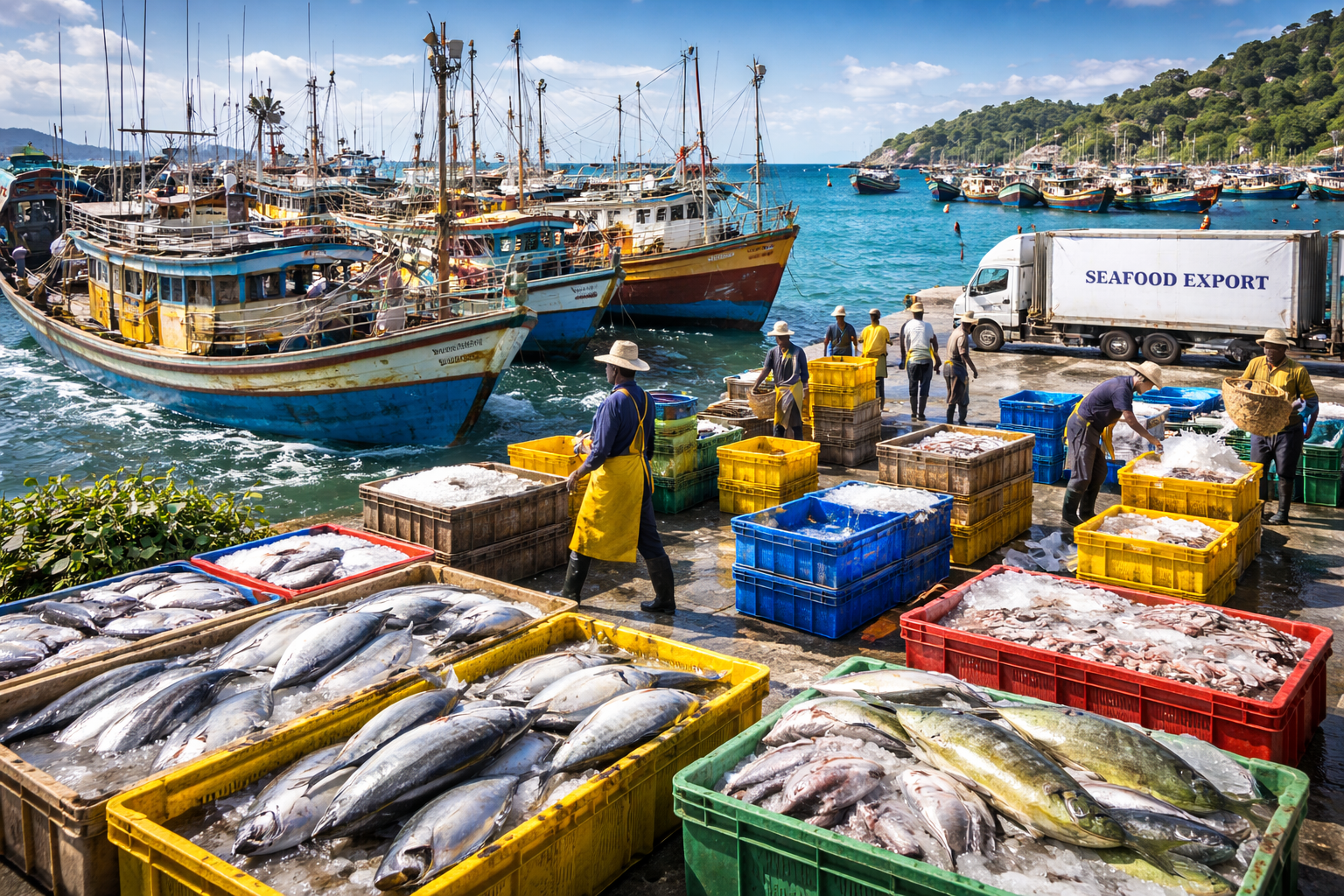 Sri Lankan marine fishing boat harvesting fish in the Indian Ocean