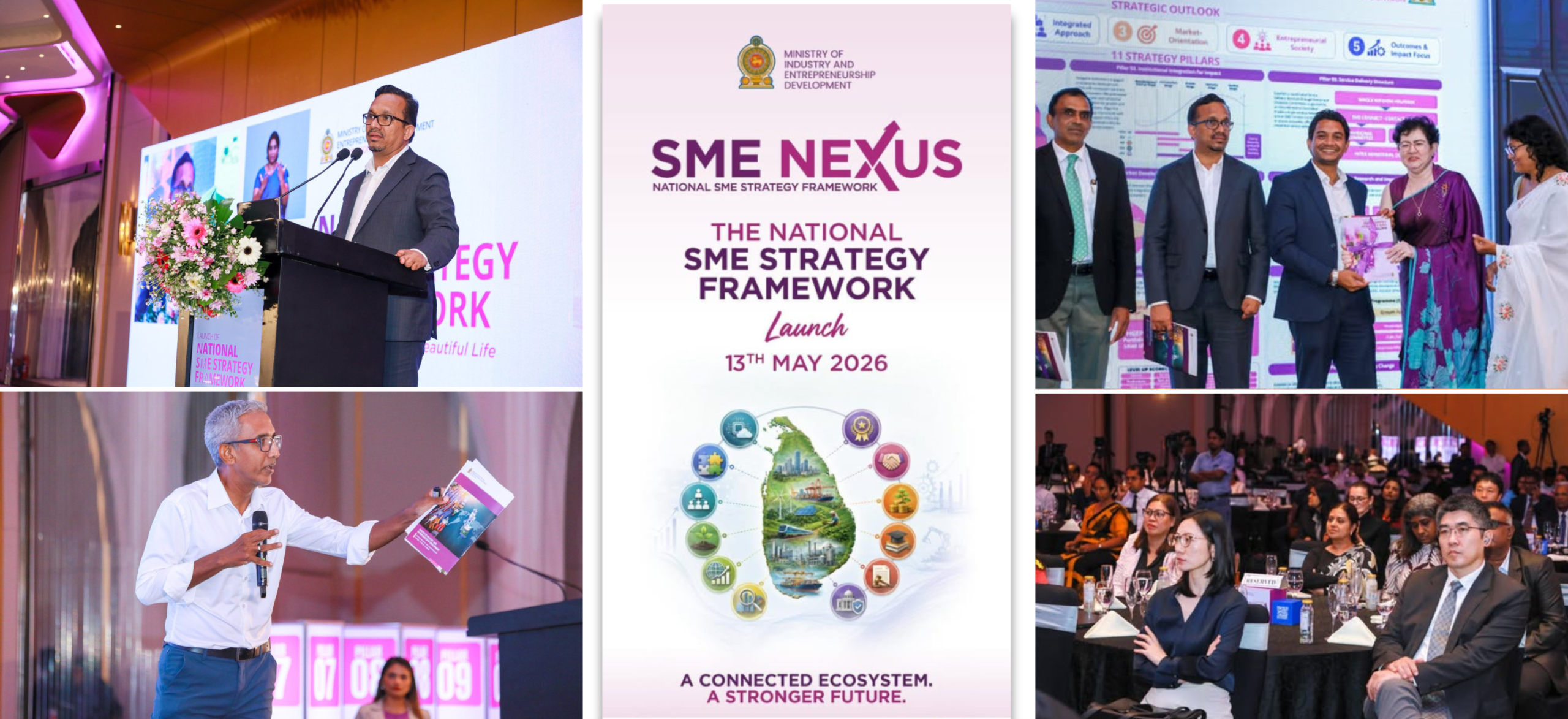 Official launch event of the SME Nexus National SME Strategy Framework 2026 organized by the Ministry of Industry and Entrepreneurship Development, featuring keynote speakers, industry representatives, panel discussions, and attendees at a national SME development conference in Sri Lanka.