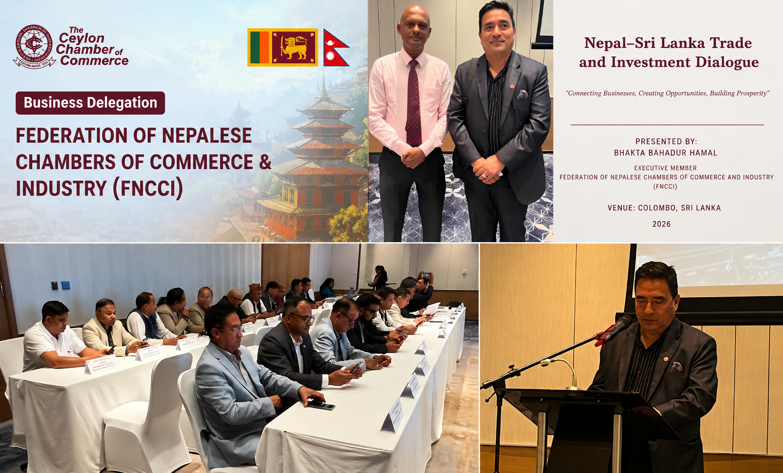 FNCCI delegation representatives and Sri Lankan business leaders attending the Nepal–Sri Lanka Trade and Investment Dialogue at Courtyard by Marriott Colombo to discuss trade, investment, and business collaboration opportunities.