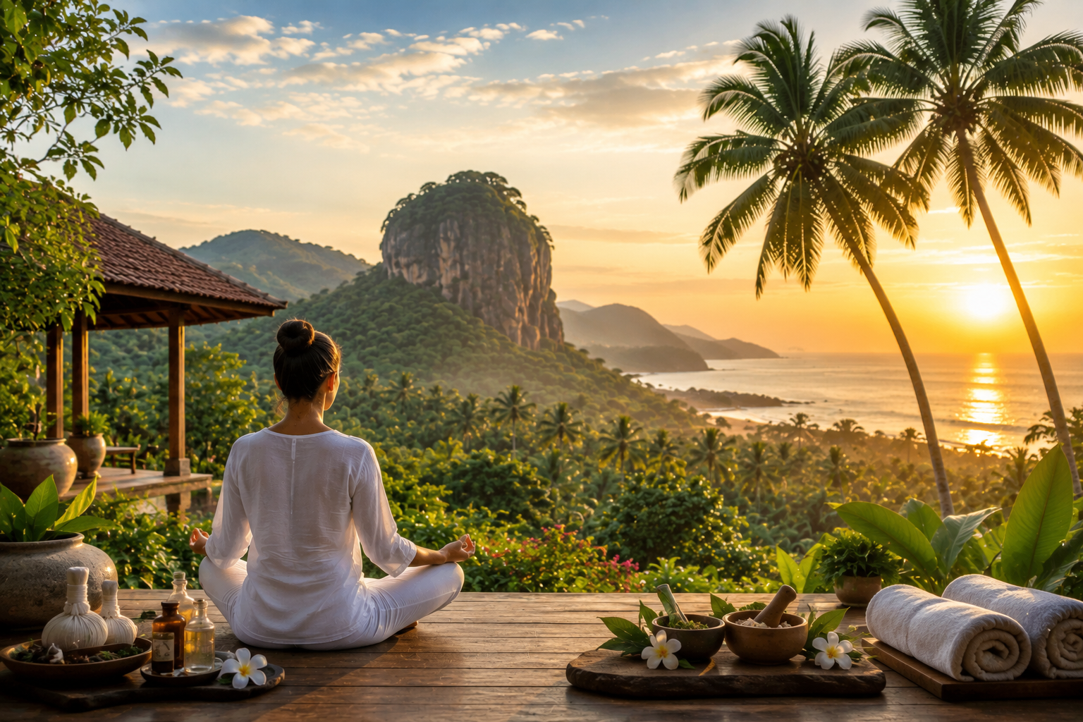 A person meditating at a luxury wellness retreat overlooking Sri Lanka's tropical coastline, representing the country's recognition as the World's Top Trending Wellness Travel Destination for 2026.