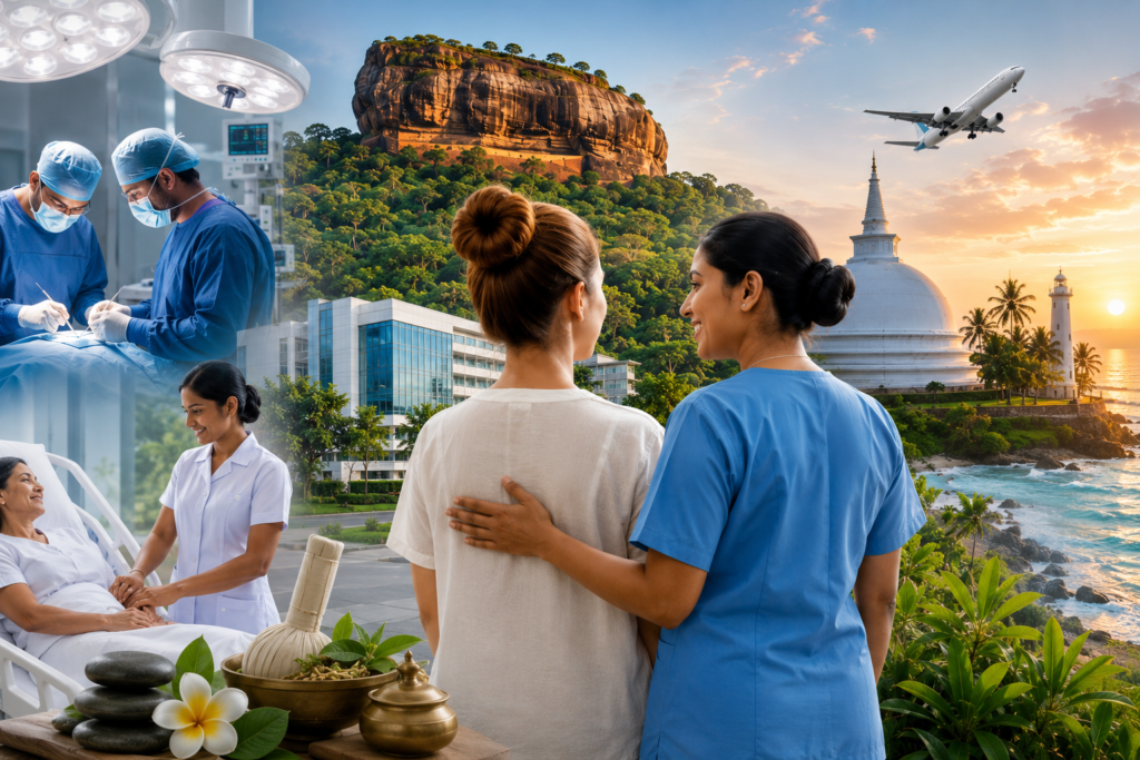 Sri Lanka Ranked Among the World's Top 50 Medical Tourism Destinations Healthcare professionals assisting an international patient with Sri Lanka's modern hospital, Sigiriya, lighthouse, tropical coastline, and wellness elements representing the country's growing medical tourism industry.