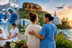 Healthcare professionals assisting an international patient with Sri Lanka's modern hospital, Sigiriya, lighthouse, tropical coastline, and wellness elements representing the country's growing medical tourism industry.
