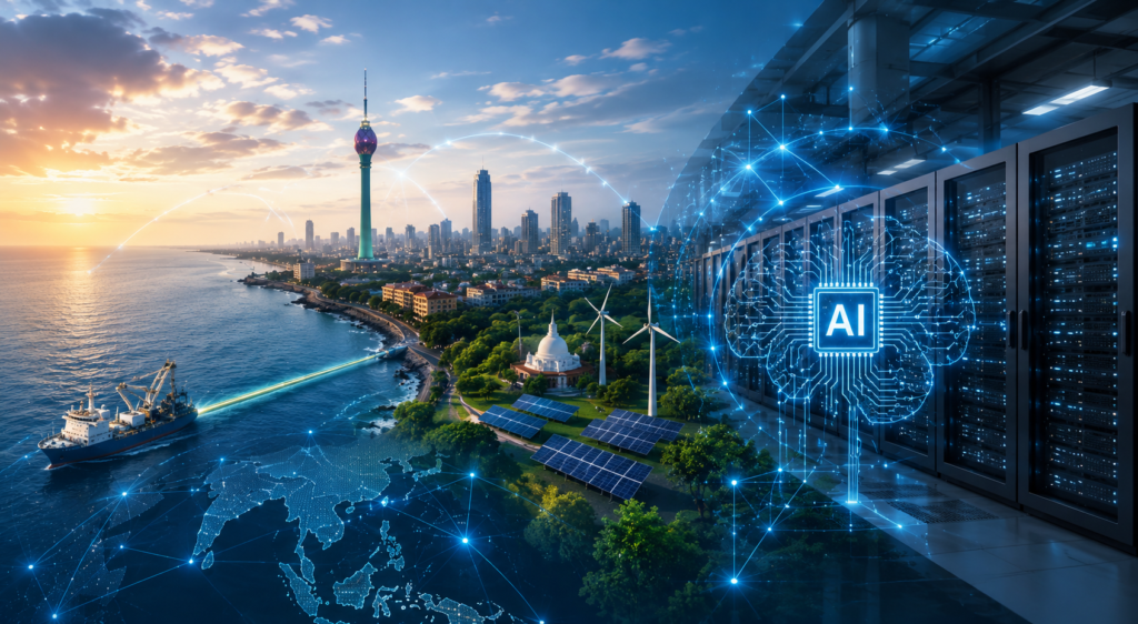 Sri Lanka Positions Itself as a Regional Hub for AI Infrastructure Futuristic AI data centre and digital infrastructure concept representing Sri Lanka's ambition to become a regional hub for artificial intelligence and advanced technology.