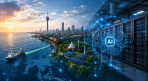 Home Futuristic AI data centre and digital infrastructure concept representing Sri Lanka's ambition to become a regional hub for artificial intelligence and advanced technology.