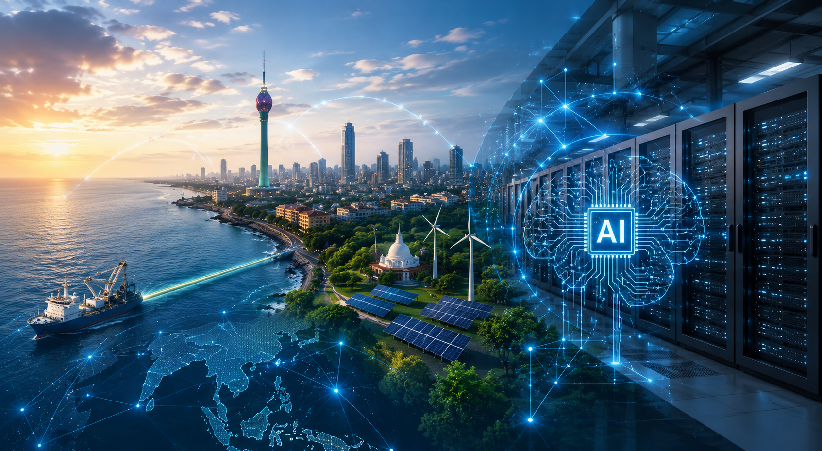 Futuristic AI data centre and digital infrastructure concept representing Sri Lanka's ambition to become a regional hub for artificial intelligence and advanced technology.