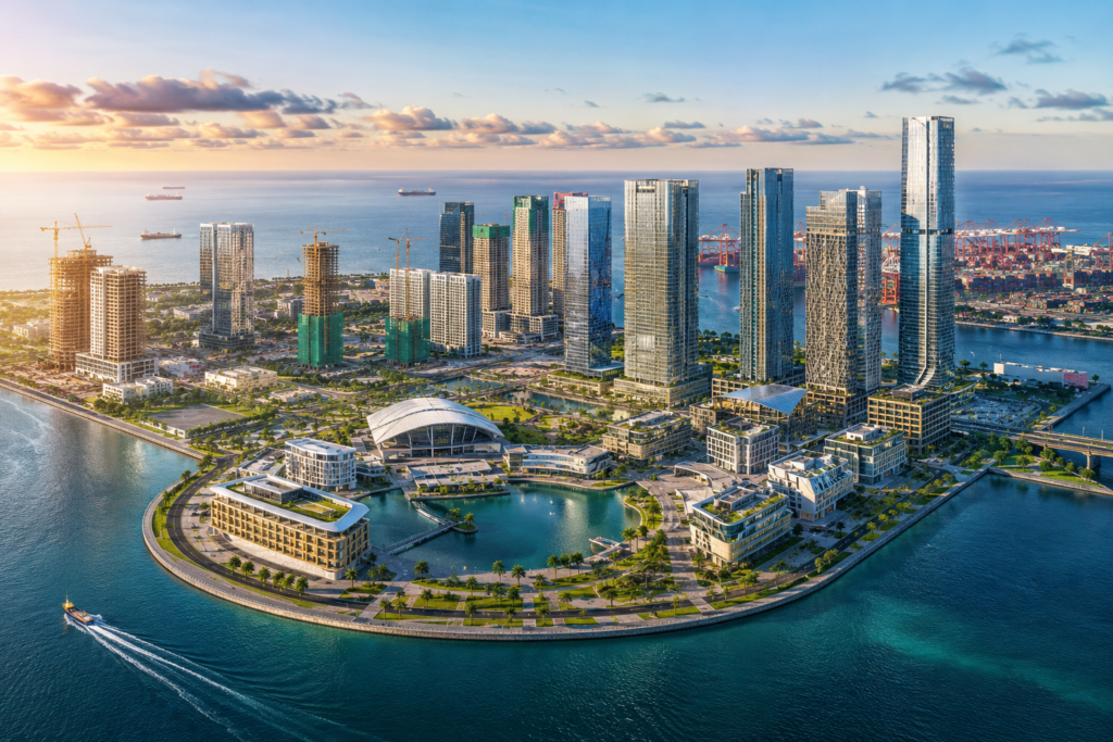 Port City Colombo Secures US$300 Million FDI, Marking a Major Investment Milestone Aerial view of Port City Colombo showcasing its modern skyline, waterfront developments, commercial towers, and investment infrastructure in Sri Lanka.