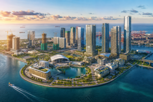 Home Aerial view of Port City Colombo showcasing its modern skyline, waterfront developments, commercial towers, and investment infrastructure in Sri Lanka.