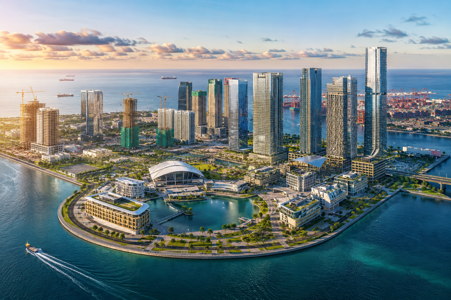 Aerial view of Port City Colombo showcasing its modern skyline, waterfront developments, commercial towers, and investment infrastructure in Sri Lanka.