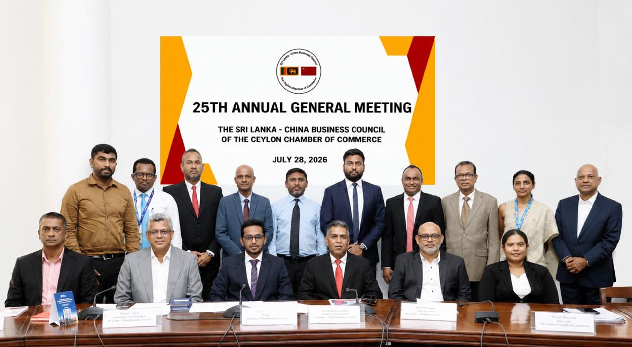 Members of the newly elected Executive Committee of the Sri Lanka–China Business Council for the 2026–2027 term following the 25th Annual General Meeting at The Ceylon Chamber of Commerce.